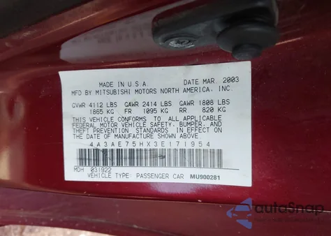 2003 Mitsubishi Eclipse Spyder Gts z USA, uszkodzony, nr VIN 4A3AE75HX3E171954